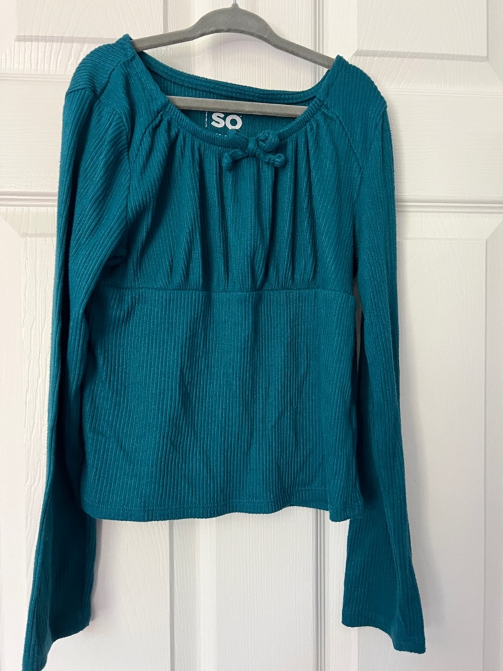 SO Teal Ribbed Long-Sleeve Top with Bow Neck